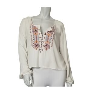 Billabong Womens SZ Large Peasant Top Cream Boho Embroidered Festival Hippie
